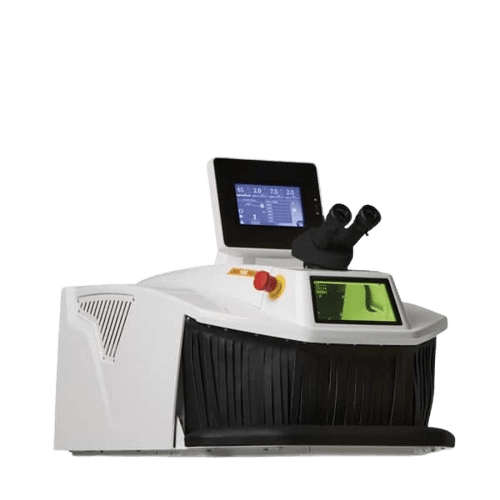 Dispositivo médico o científico blanco con pantalla táctil, panel de control y ocular binocular, sobre un fondo liso.