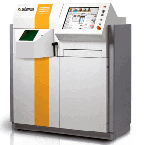 Impresora 3D de metal Sisma con panel de control y pantalla de visualización, presenta una franja vertical amarilla en el frontal.