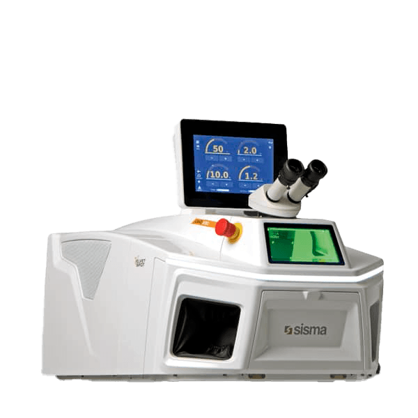 Una máquina láser blanca con una pantalla digital, botones de control y oculares de microscopio, etiquetada como "Sisma".