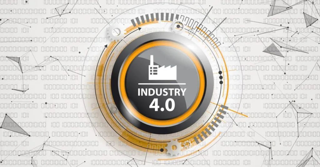 Gráfico circular que representa la “Industria 4.0”, un punto crucial hacia el futuro, con un ícono de fábrica rodeado de elementos de red digital abstractos en tonos grises y naranjas.