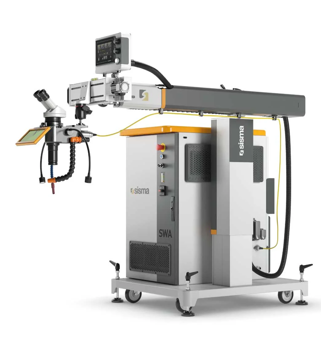 Máquina de soldadura láser industrial sobre ruedas, con panel de control, microscopio y brazo articulado. Representa un punto de inflexión hacia el futuro en el ámbito de la industria 4.0 de la fabricación.