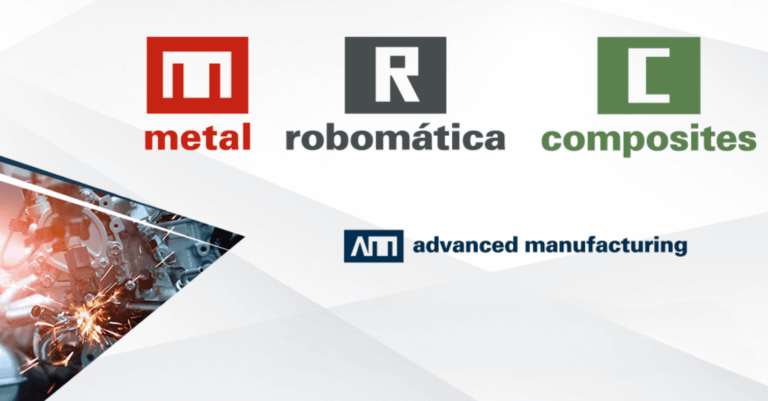 Logotipos y textos para MRC: “metal”, “robomática”, “composites” y “fabricación avanzada” sobre un fondo geométrico.