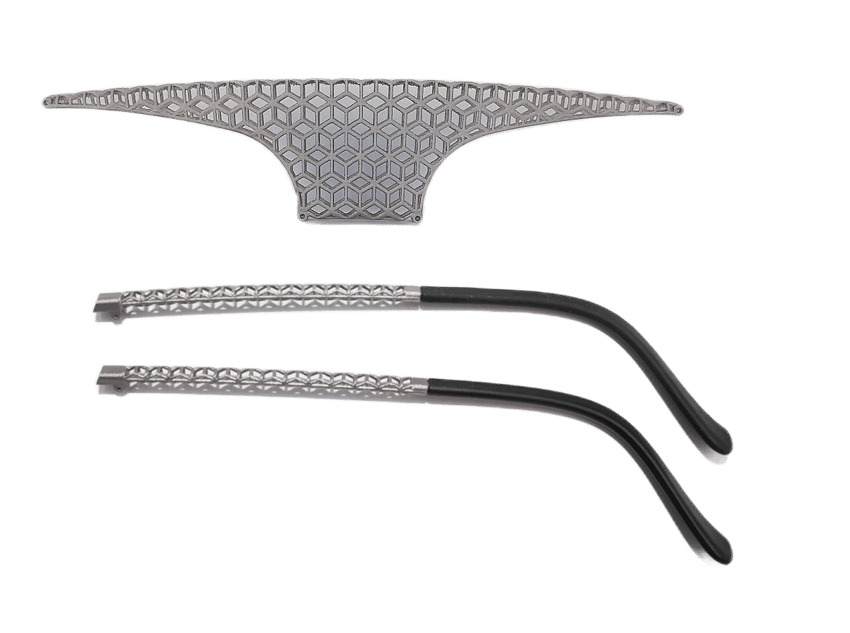 Detalle de patillas y decoración de gafas impresas en 3D.