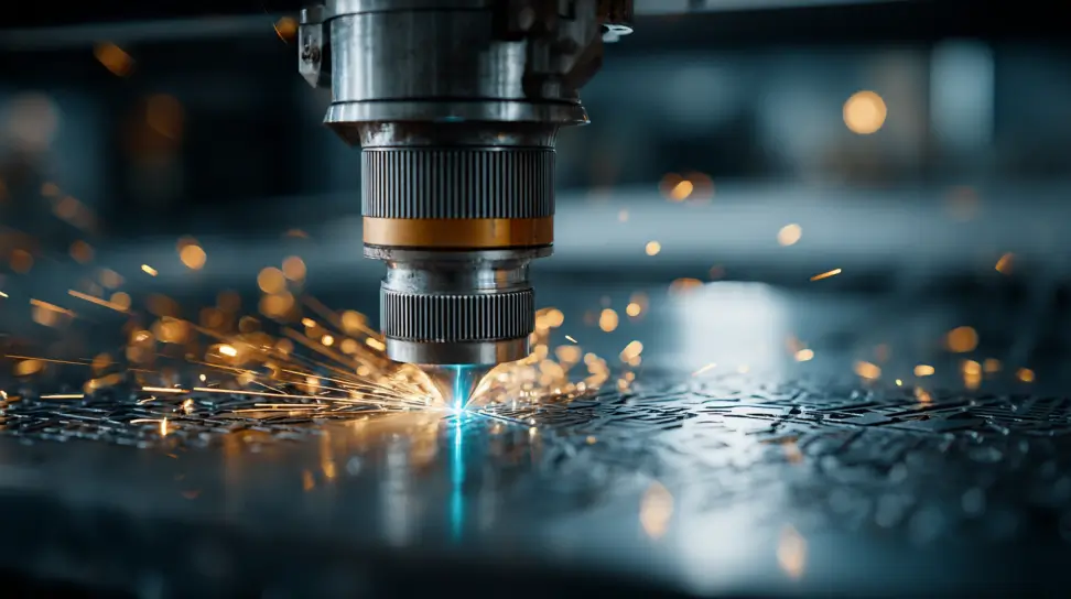 Láser de alta precisión grabando un patrón complejo en una pieza metálica industrial