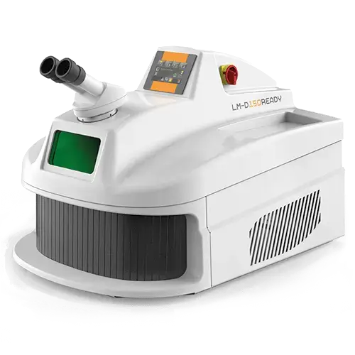 Una soldadora láser blanca y compacta con lente de visualización, pantalla de control y rejillas de ventilación, con la etiqueta "LM-D 150 READY".