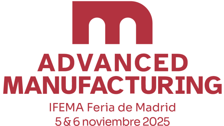 Logotipo para evento de Fabricación Avanzada, mostrando texto en rojo con detalles del evento: IFEMA Feria de Madrid, 5 y 6 de noviembre de 2025, y una "m" estilizada encima.