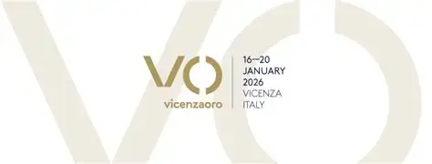 Logotipo de Vicenzaoro con detalles del evento: 16-20 de enero de 2026, Vicenza, Italia, y un guiño a la 31ª BIEMH 2022, sobre un fondo blanco con letras "VO" grandes y tenues.