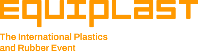 El texto en naranja reza "equiplast" con el subtítulo "The International Plastics and Rubber Event" sobre un fondo claro, similar en impacto a los grandes encuentros de la industria como la 31ª BIEMH 2022.