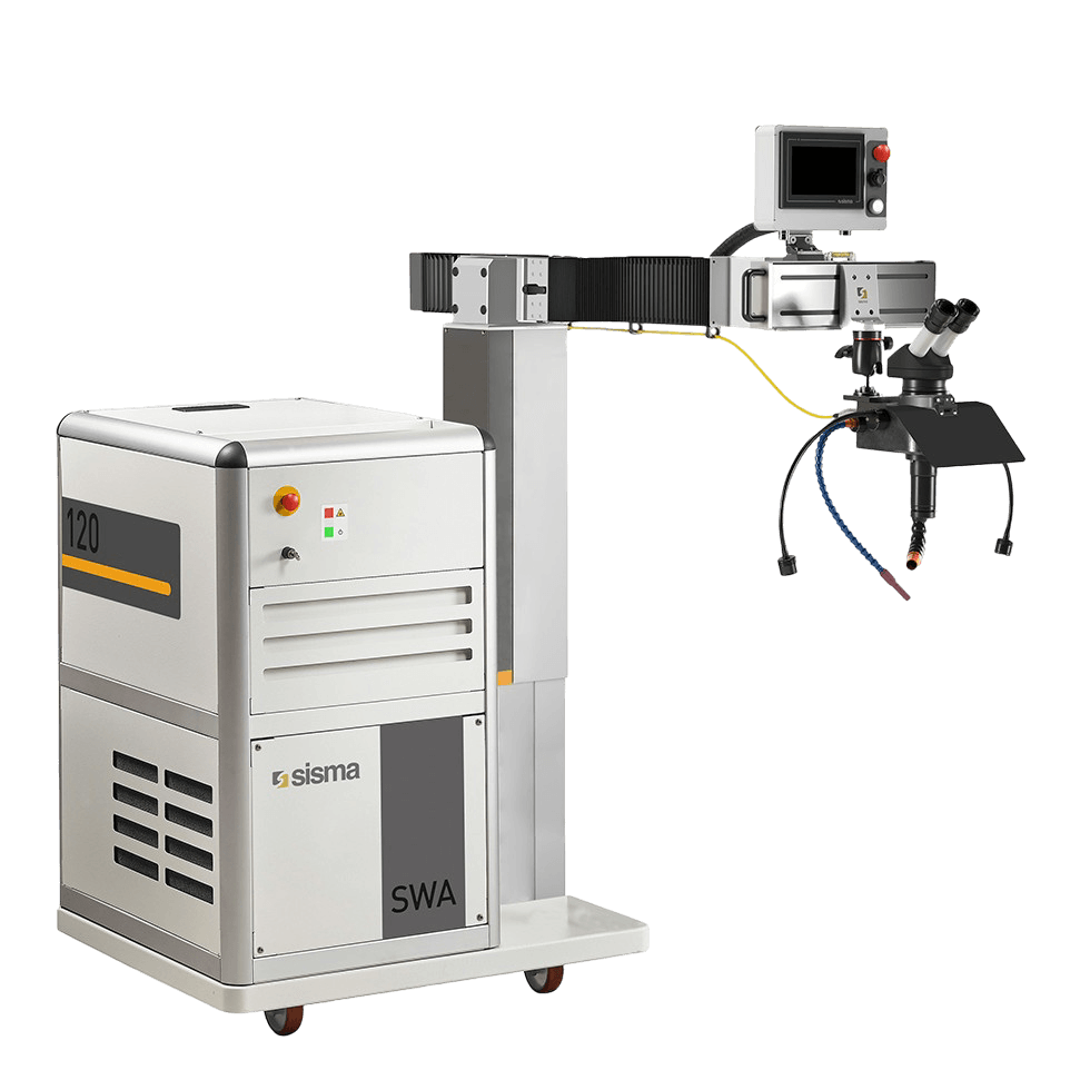 Una soldadora láser industrial Sisma SWA 120 con un monitor, un microscopio y un panel de control acoplados sobre una base con ruedas.