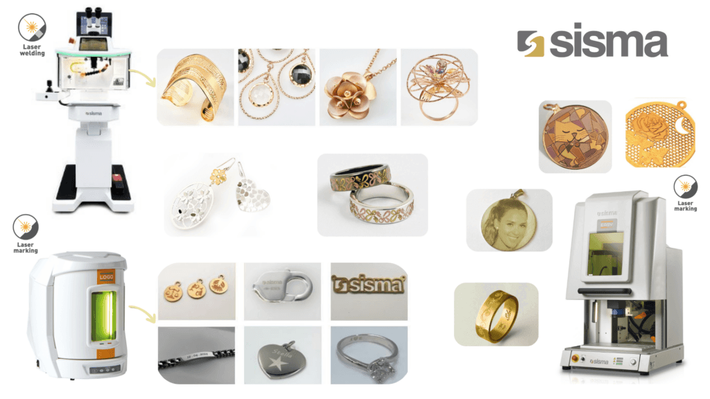 Collage en el que se muestran las máquinas de soldadura y marcado por láser de Sisma junto a diversas piezas de joyería de oro y plata fabricadas o grabadas con estas máquinas, tal y como se expusieron en la 31.ª edición de la BIEMH 2022.