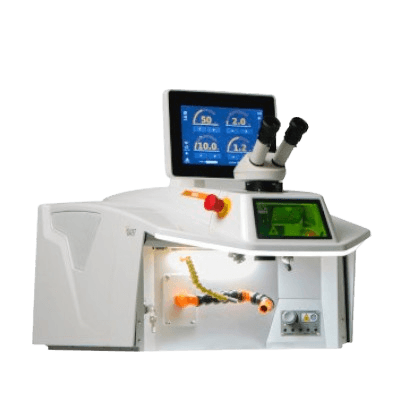 Una máquina de laboratorio blanca con dos pantallas de visualización, mandos de control, un accesorio para microscopio y un compartimento con componentes mecánicos.