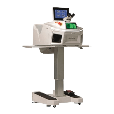 Una máquina láser médica con pantallas de control, mandos de control y una base ajustable con ruedas, diseñada para uso clínico o quirúrgico.