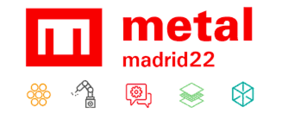 El logotipo de "METALMADRID 2022" presenta de forma destacada un emblema rojo e íconos que simbolizan temas de la industria como la automatización, la tecnología y la ingeniería.