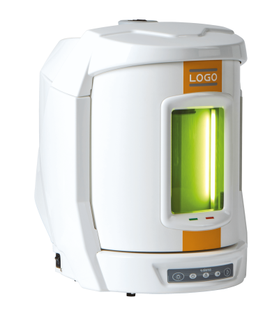 Esterilizador de laboratorio blanco y moderno con una ventana transparente iluminada en verde en el frente, panel de control en la base y una etiqueta naranja marcada "LOGO" en la parte superior.