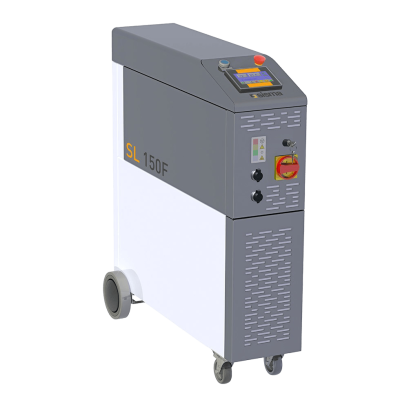Una máquina industrial gris y blanca rotulada "SL 150F" con un panel de control, botón de parada de emergencia y ruedas para su movilidad.