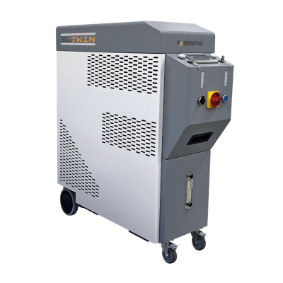 Una máquina industrial portátil etiquetada como "Sisma SL TWIN" con paneles de ventilación, botones de control y ruedas para su movilidad.