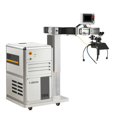 Una soldadora láser industrial Sisma SWA 120 con un monitor, un microscopio y un panel de control acoplados sobre una base con ruedas.