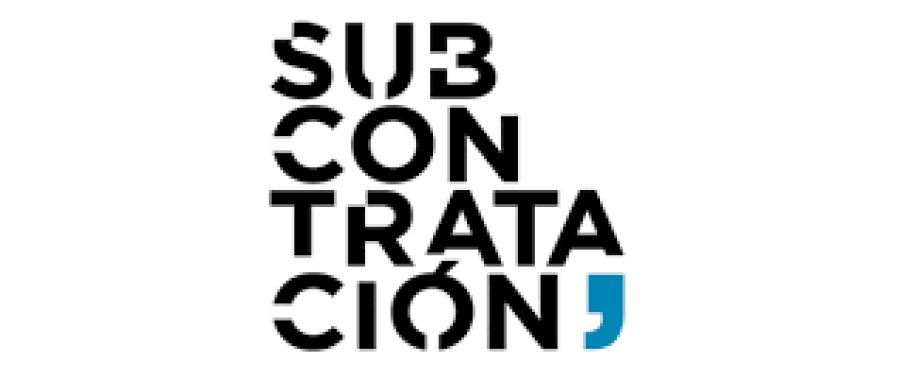 El texto negro sobre fondo blanco deletrea "SUBCONTRATACIÓN" en letras en negrita apiladas, con el último símbolo de coma en azul, diseñado para el evento 31ª BIEMH 2022.