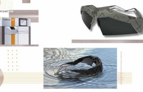 Una impresora 3D, gafas de sol futuristas y gafas de sol flotando en el agua.
