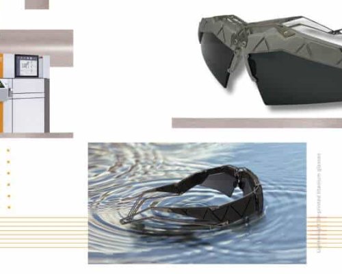 Una impresora 3D, gafas de sol futuristas y gafas de sol flotando en el agua.