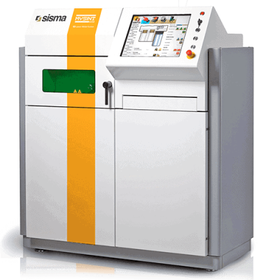 maquina-fabricacion-aditiva-my-sint Impresora 3D con exterior blanco y gris, que presenta una franja vertical naranja y una interfaz de pantalla táctil en el panel frontal superior.