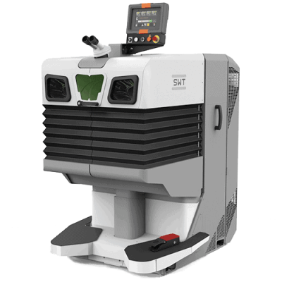 Una máquina industrial blanca y gris con una pantalla digital y un panel de control en la parte superior, con ventilaciones negras prominentes y un escalón en la base.