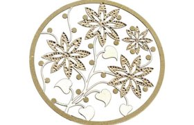 Diseño floral redondo con patrones intrincados de flores grandes y enredaderas colgantes sobre un fondo blanco.