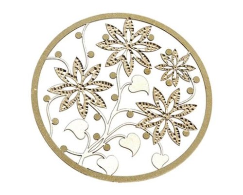 Un diseño redondo de bordes dorados con flores estilizadas, hojas y puntos, con intrincados motivos recortados dentro de los pétalos y un fondo blanco.