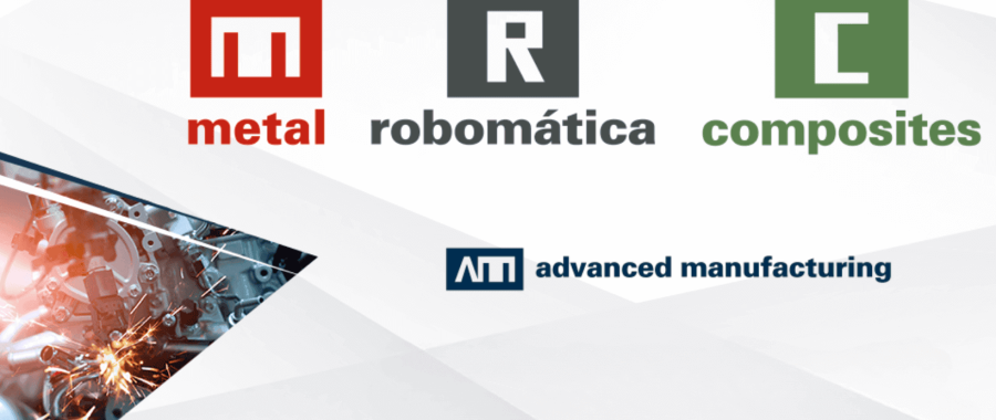 Logotipos y textos para MRC: “metal”, “robomática”, “composites” y “fabricación avanzada” sobre un fondo geométrico.