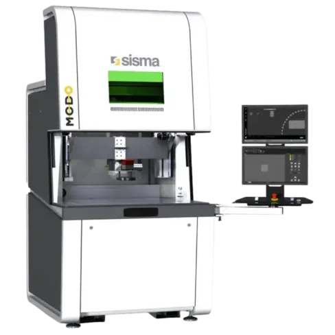 modo Máquina de marcado láser industrial MCD Sisma con panel de control y pantalla de ordenador, utilizada para aplicaciones de marcado y grabado de precisión.