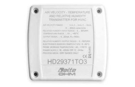 Sensor cuadrado de climatización (HVAC) con texto que detalla los parámetros de velocidad del aire, temperatura y humedad. Modelo: HD29371TO3 de Delta OHM. Carcasa blanca.