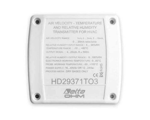 Sensor cuadrado de climatización (HVAC) con texto que detalla los parámetros de velocidad del aire, temperatura y humedad. Modelo: HD29371TO3 de Delta OHM. Carcasa blanca.